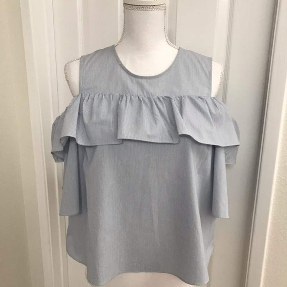 BCBGeneration Ruffles Striped Cold Shoulder Top - Picture 2 of 7